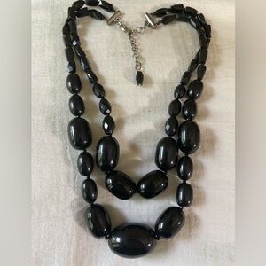 Double Strands Layered Black Beaded‎ Necklace Vintage